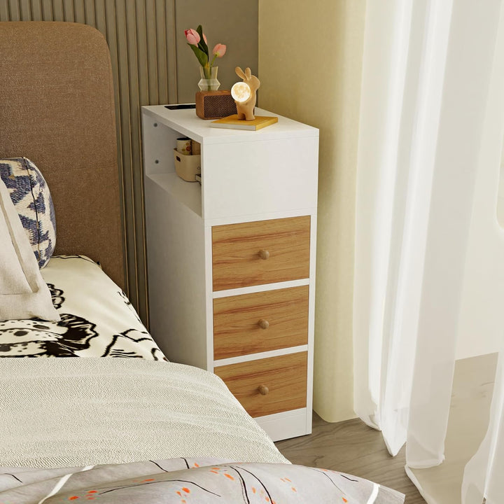 PIPIPOXER Nachttisch schmal, Nachttisch mit Steckdose & USB, Nachtschrank mit 3 Schublade, 1 Offenen