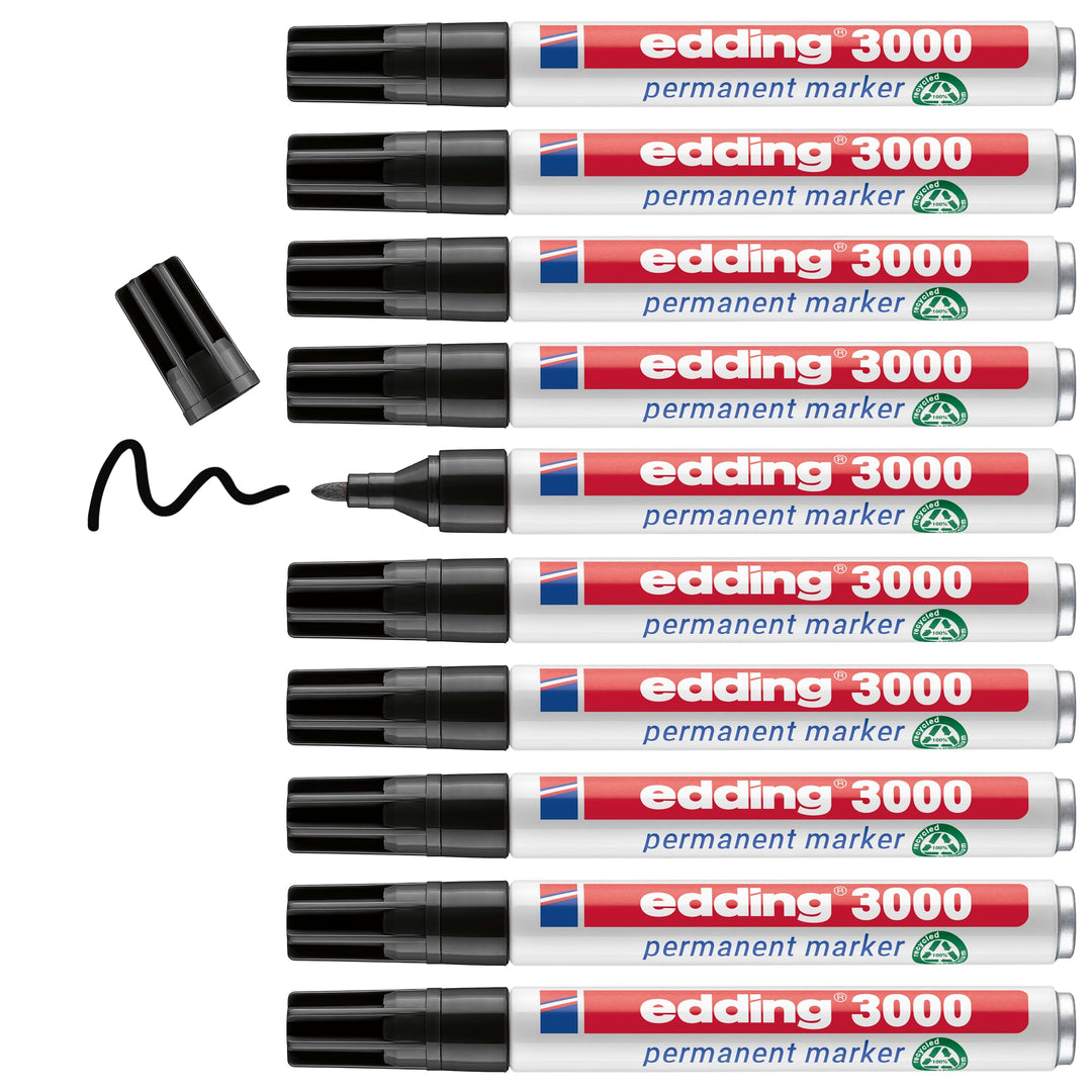 edding 3000 Permanentmarker - schwarz - 10 Stifte - Rund-Spitze 1,5-3 mm - schnell trocknender Perma