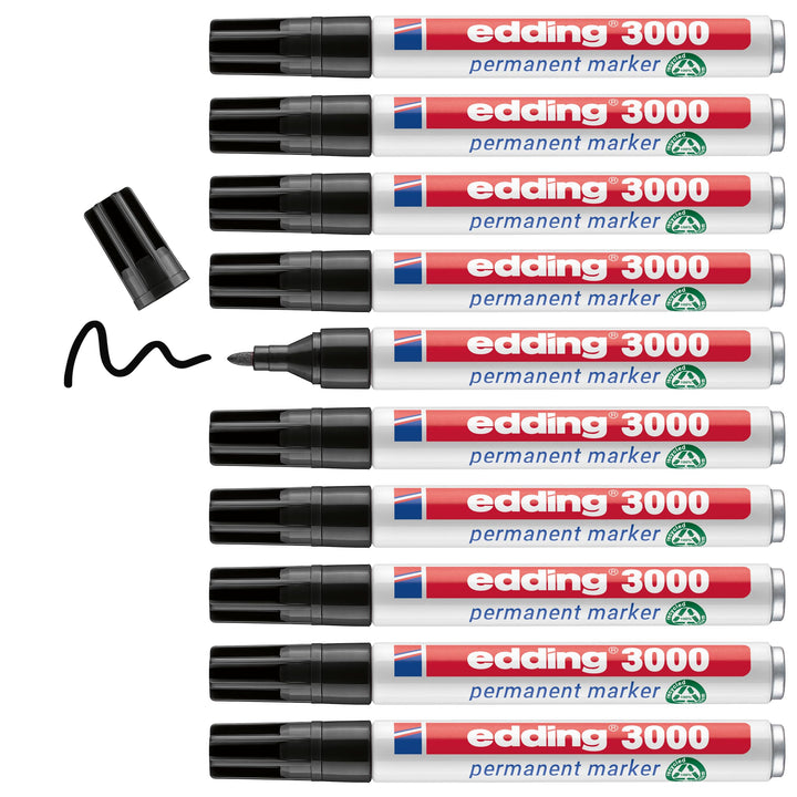edding 3000 Permanentmarker - schwarz - 10 Stifte - Rund-Spitze 1,5-3 mm - schnell trocknender Perma