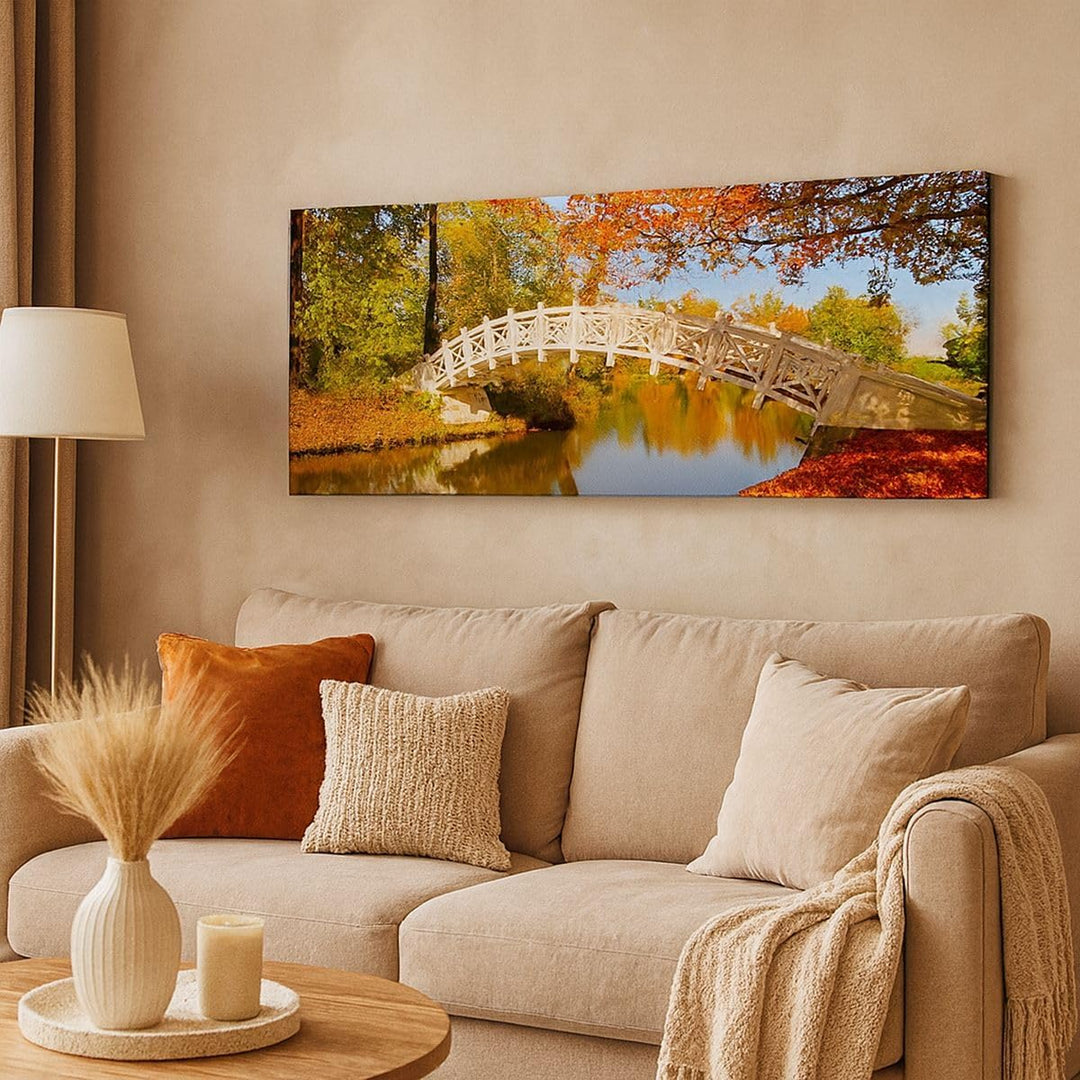 Wandbilder Dekoration Wohnzimmer Stream Fussgängerbrücke Herbst Panorama Bilder auf Leinwand 120x50c