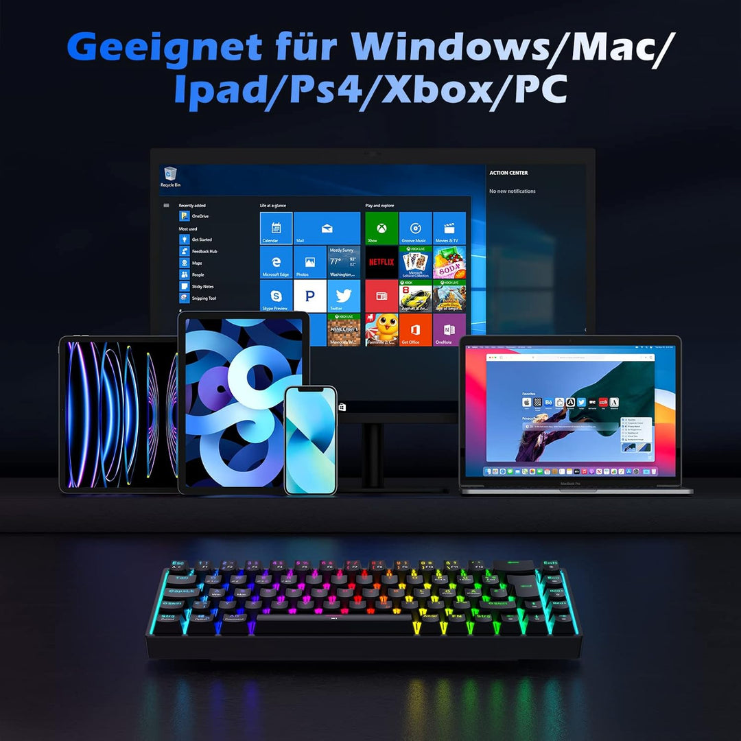 TECURS Gaming Tastatur Kabellos, Mechanische Tastatur RGB QWERTZ (German Layout) mit Rote Schalter f