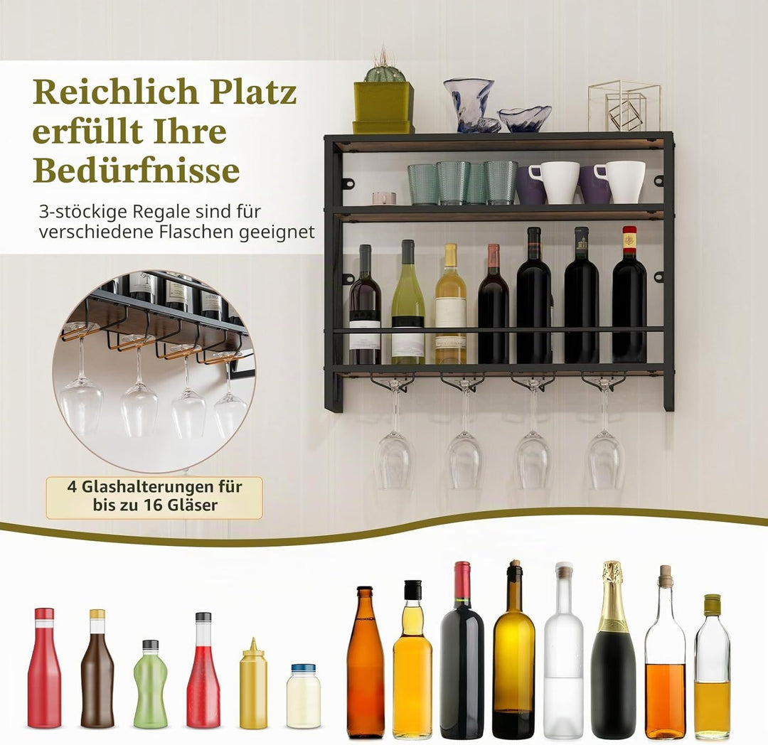 KOMFOTTEU Weinregal Wand, Flaschenregal Holz mit Metallrahmen, dekoratives Wandregal mit Becherhalte