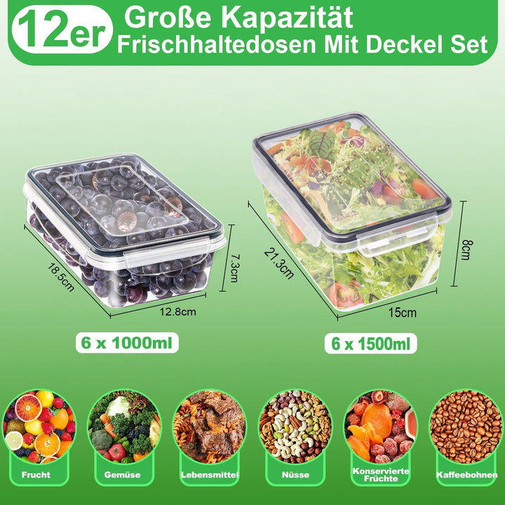 Kottwca Frischhaltedosen mit Deckel Set, 12 Stücke Grosse Kapazität Tupperdosen Set (6 x1000ml + 6 x
