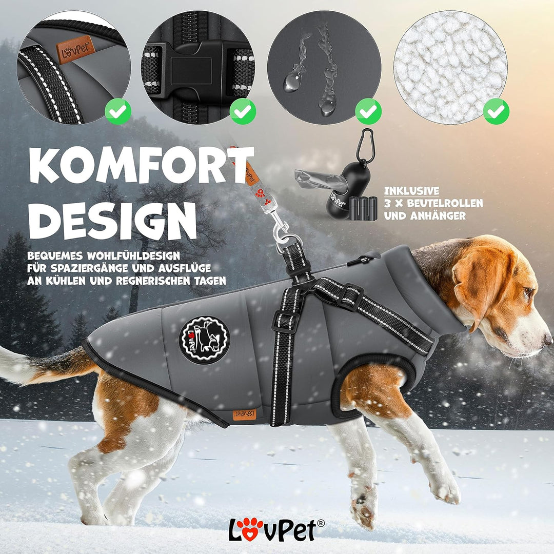 Hundejacke Hundemantel mit Geschirr, inkl. 45 Stück Kotbeutel + Spender, Hunde Winterweste gefüttert