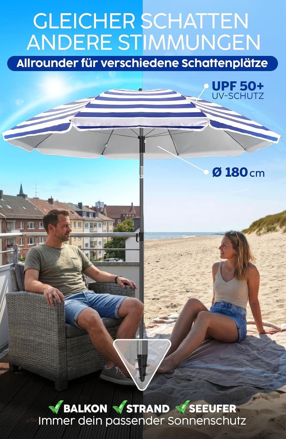 4smile Strandschirm SunnyJoy, Ø 180 cm Blau-Weiss - UPF 50+ Sonnenschirm Strand mit Hülle, Sonnensch