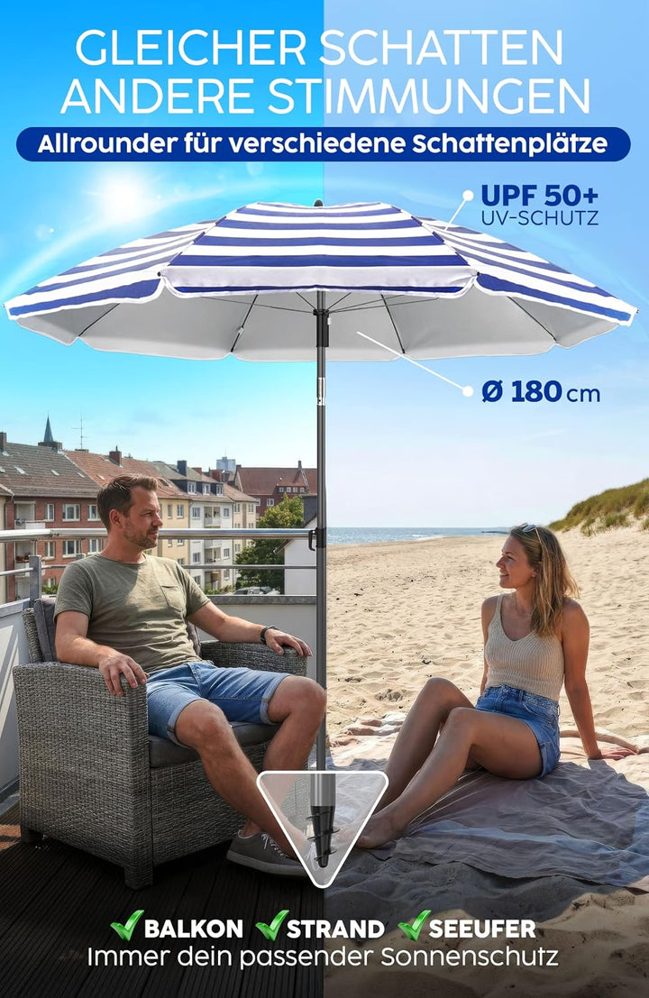 4smile Strandschirm SunnyJoy, Ø 180 cm Blau-Weiss - UPF 50+ Sonnenschirm Strand mit Hülle, Sonnensch
