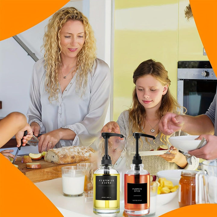 AXIM Kaffeesirupspender, 2 Stück, 500 ml, Glas-Sirupspender mit Etiketten und Trichter, Kaffeebar-Or