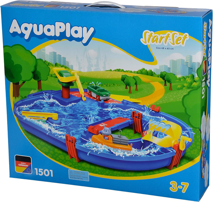 AquaPlay - Start Set - Wasserbahn für wenig Platz mit 21 Teilen inklusive 1 Hippo Wilma, Amphibienau