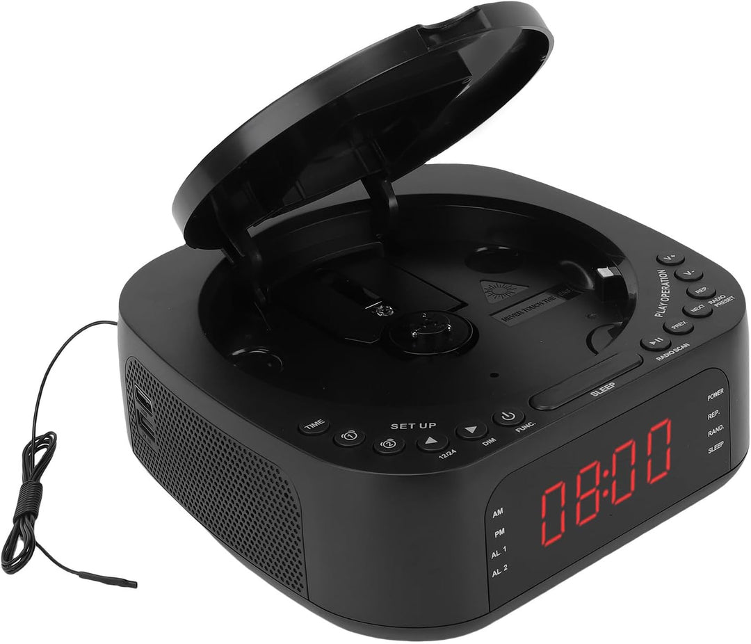 CD-Player-Wecker mit Fernbedienung, Verstellbarem LED-Display, USB-Ladegerät und Dimmbarem Display f