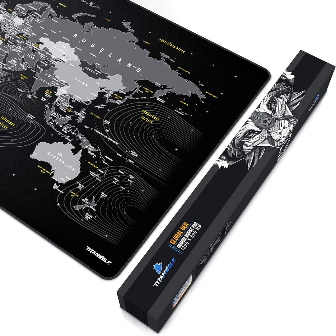 Titanwolf - Übergrösse DEUTSCHES Layout Mauspad 1200x600mm Weltkarte - XXXL Mousepad gross mit Motiv
