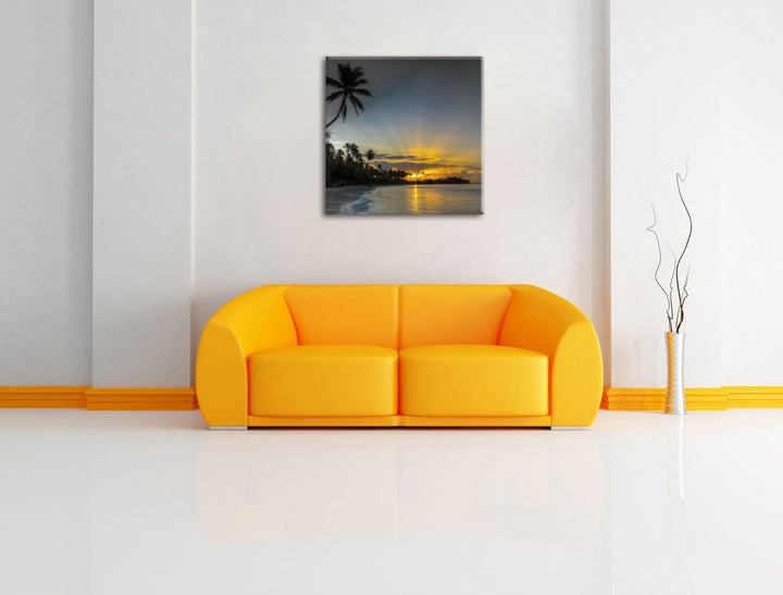 Pixxprint schöner Strand beim Sonnenuntergang schwarz/weiss, Format: 70x70 auf Leinwand, 70x70