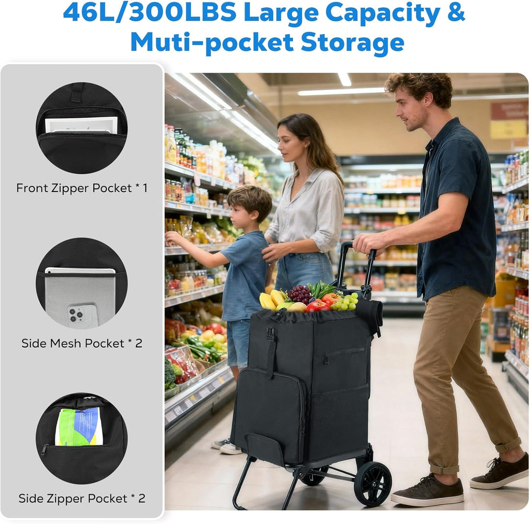Housolution Einkaufstrolley Klappbar, 46L/136KG Grosser Kapazität Einkaufswagen Einkaufstasche mit R