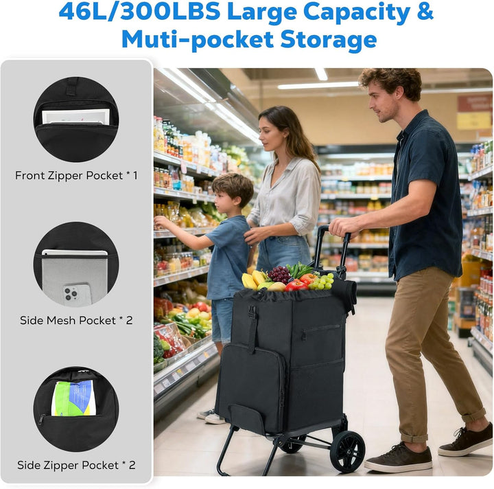 Housolution Einkaufstrolley Klappbar, 46L/136KG Grosser Kapazität Einkaufswagen Einkaufstasche mit R