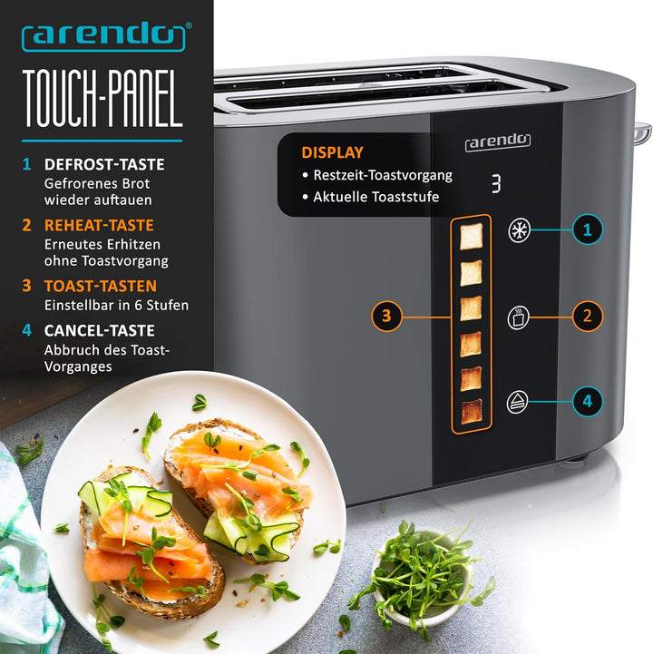 Arendo - Edelstahl Toaster 2 Scheiben - Touchscreen – Doppelwandgehäuse – 800 W – Integrierter Brötc