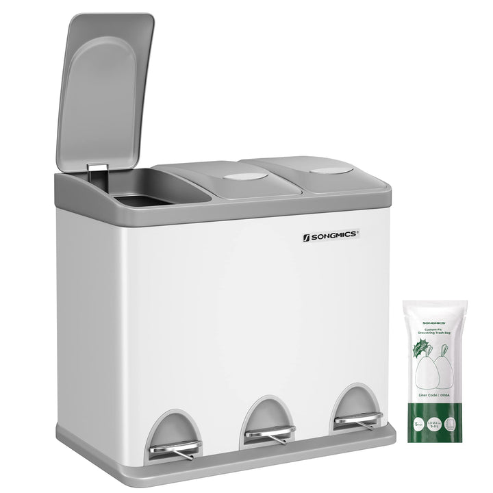 SONGMICS Mülleimer für die Küche, 3 x 8 L, Abfalleimer aus Metall, 3-in-1 Treteimer, Mülltrennung, M