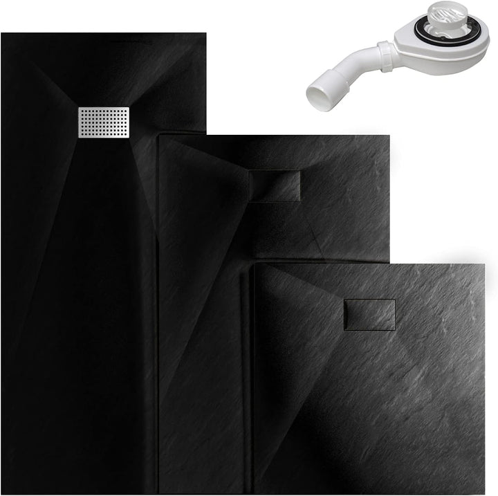 Duschwanne 90x90 cm SMC Brausewanne Schwarz Steinoptik Antirutsch Duschtasse Höhe 3,2 cm Niedrige Sc