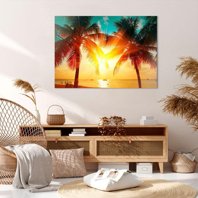 Bilder auf Leinwand 100x70cm Leinwandbild mit Rahmen Meer Palme Wasser Gross Wanddeko Bild Schlafzim