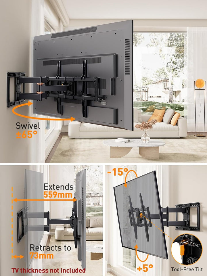 Perlegear vollbewegliche TV Wandhalterung für 42–90 Zoll Fernseher bis zu 68KG, vormontierte TV Halt