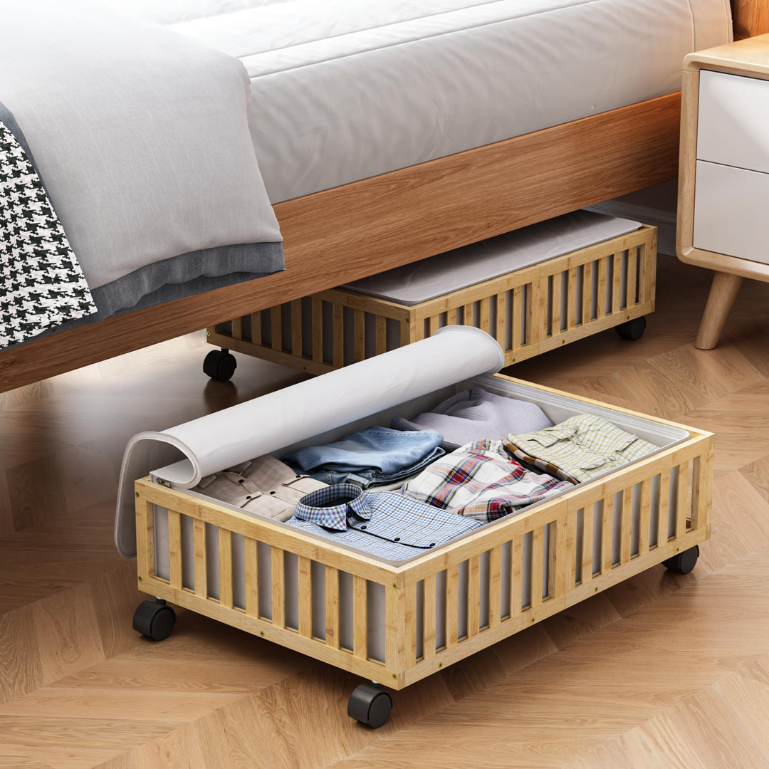 Bambus-Unterbett-Aufbewahrungsbehälter mit Rollen, 2 Stück unter dem Bett, Schuhaufbewahrungsbehälte