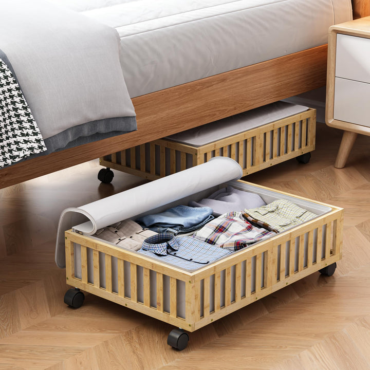 Bambus-Unterbett-Aufbewahrungsbehälter mit Rollen, 2 Stück unter dem Bett, Schuhaufbewahrungsbehälte