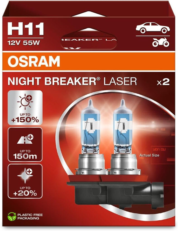 OSRAM NIGHT BREAKER LASER H11, +150% mehr Helligkeit, Halogen-Scheinwerferlampe, 64211NL-HCB, 12V PK