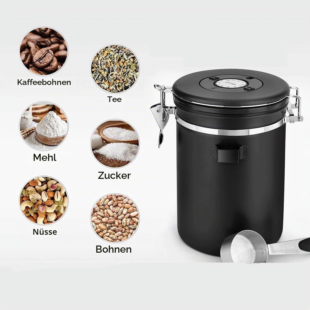 Luftdichter Kaffeebehälter aus Edelstahl, 1,8L, mit Auslassventil, Vorratsdose für Kaffeebohnen, Nüs