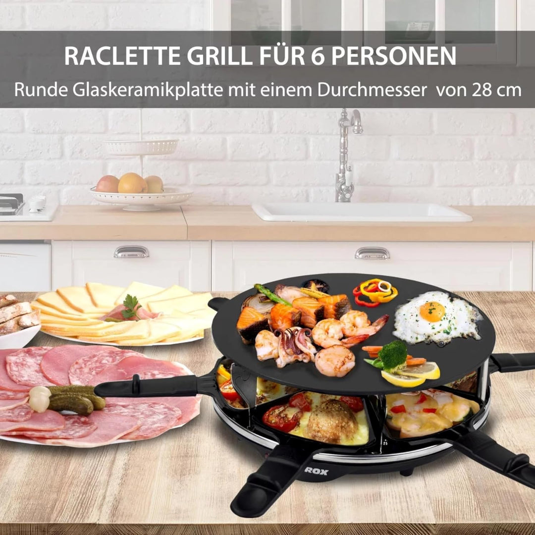 Syntrox Germany Raclette für 6 Personen Lillex, Rund mit Glas-Keramik Platte Emailliert, 900W Kompak