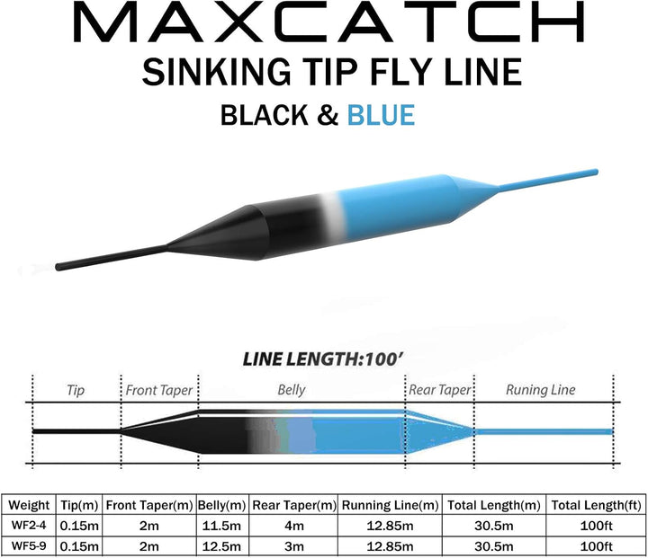 Maximumcatch Sinken-Spitze Fliegenschnur für Fliegenfischen, 3ips, 4/5/6/7/8 F/S Blau/Schwarz WF-8F/