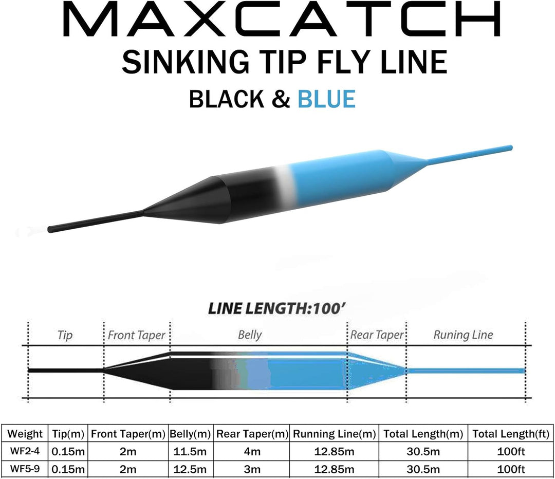 Maximumcatch Sinken-Spitze Fliegenschnur für Fliegenfischen, 3ips, 4/5/6/7/8 F/S Blau/Schwarz WF-5F/