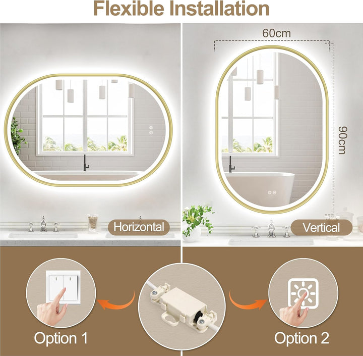 S'bagno Badspiegel mit Beleuchtung Oval 60x90 cm, LED Badezimmerspiegel mit Aluminiumrahmen, Nebelfr