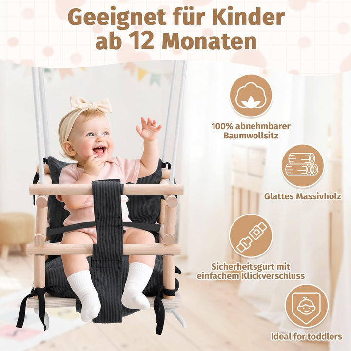 Babyschaukel Indoor &amp; Kinderschaukel Outdoor 3-in-1 aus Holz, Höhenverstellbar (160-260cm) mit Abneh