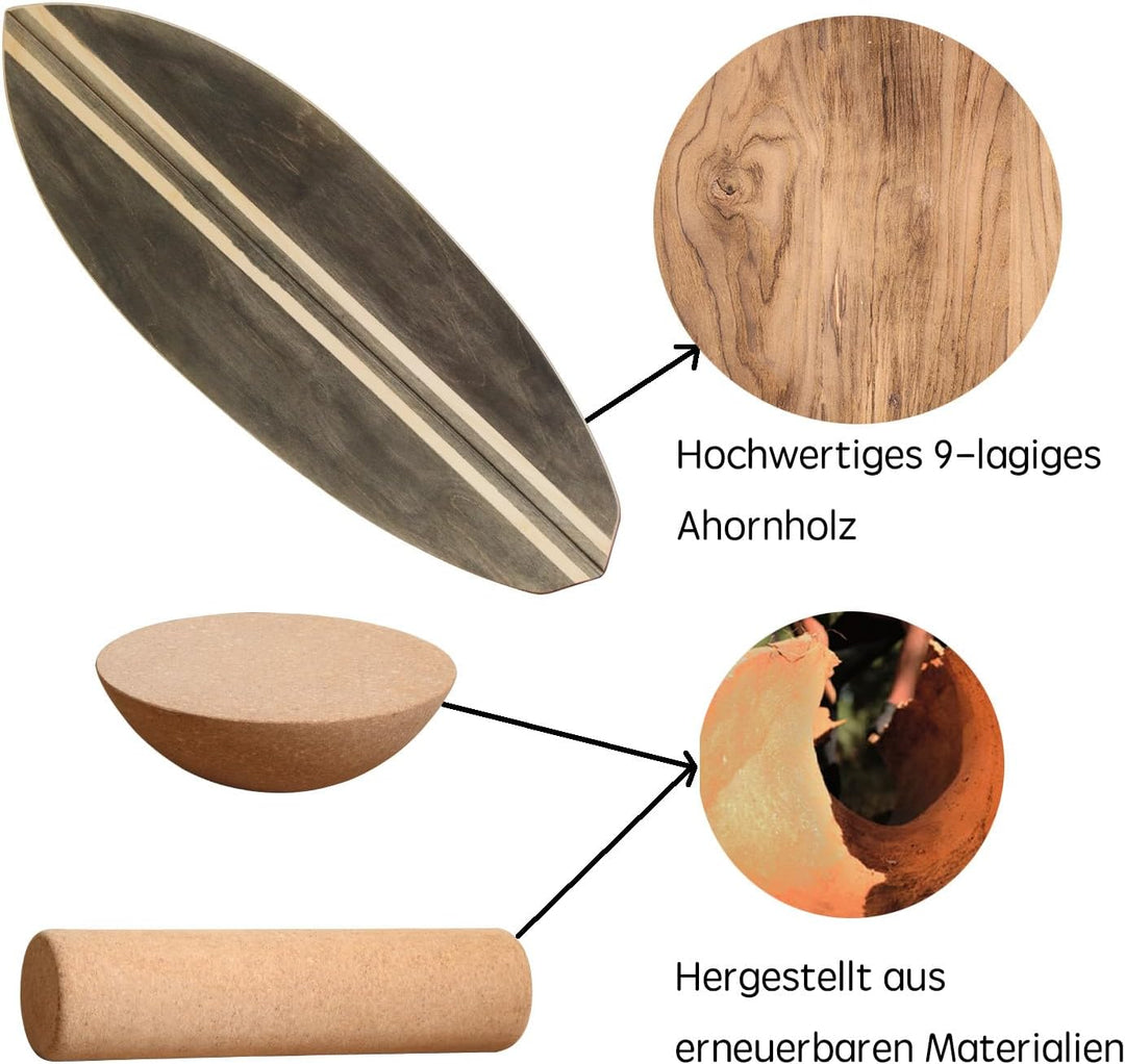 Holz Balance Board mit Rolle & Halbkugel - Balancierbrett für Gleichgewichtstraining - Erwachsene -