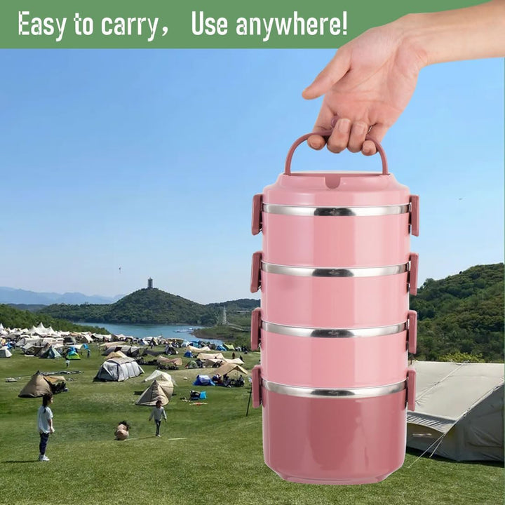 SANQIAHOME 4 Schichten Mehrschichtige stapelbare Edelstahl-Lunchbox,Auslaufsicher,rosa Rosa 4 Schich