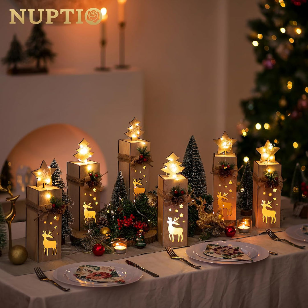 NUPTIO Weihnachtsdeko Holz Rentier Fensterbank - 30cm Höhe 2 Stück LED Dekosäule Holzdeko Weihnachte