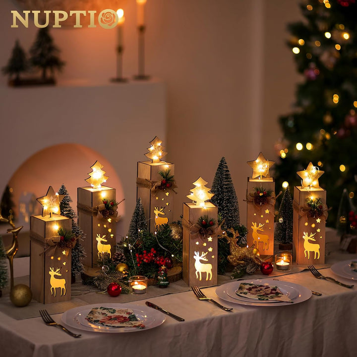 NUPTIO Weihnachtsdeko Holz Rentier Fensterbank - 30cm Höhe 2 Stück LED Dekosäule Holzdeko Weihnachte
