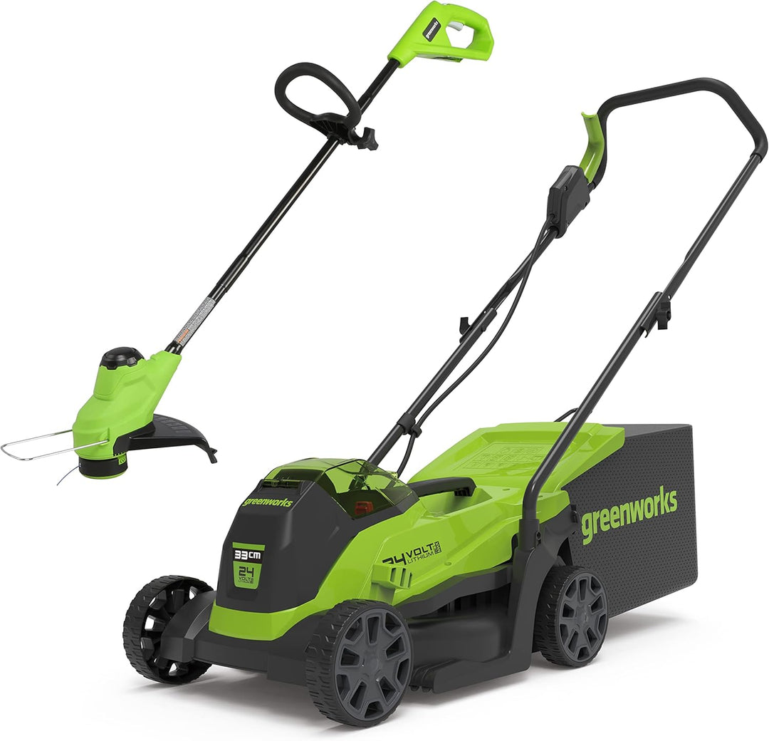 Greenworks Elektro-Rasenmäher 24V 33cm 30L Grasfangbox und Kabelloser Rasentrimmer 25cm automatische