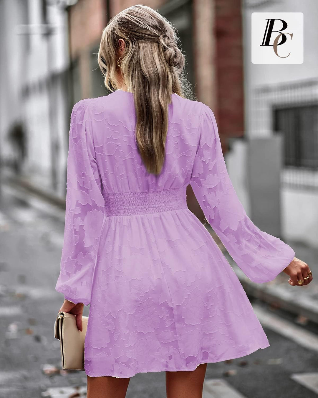 BebreezChic Kleid Damen Langarm Elegant V-Ausschnitt Minikleid Einfarbig Blumen Hohe Taille Plissee