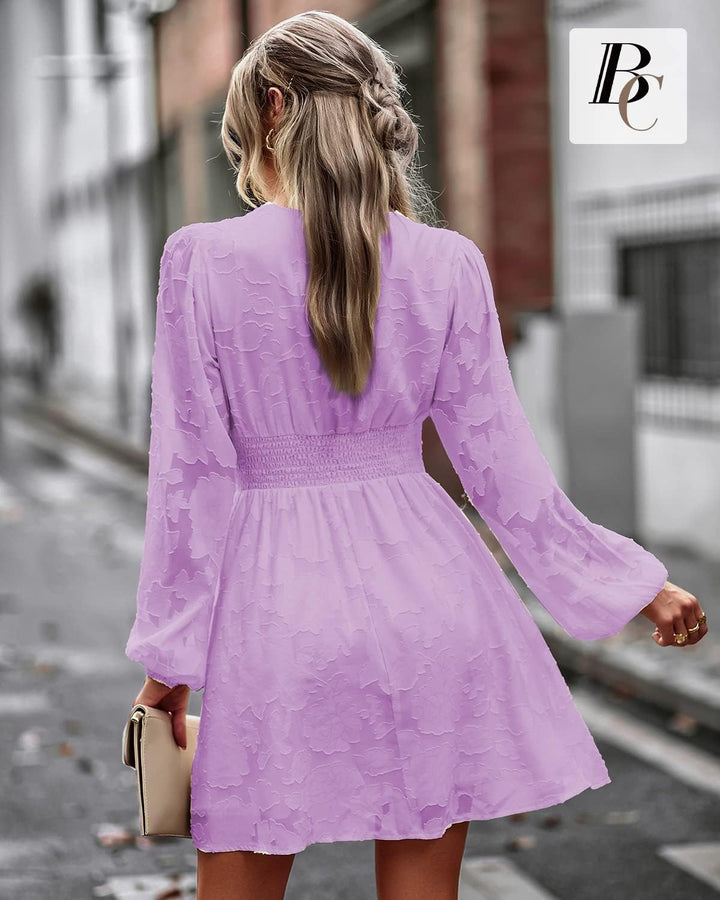 BebreezChic Kleid Damen Langarm Elegant V-Ausschnitt Minikleid Einfarbig Blumen Hohe Taille Plissee
