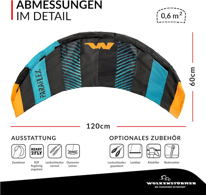 Wolkenstürmer® Paraflex Basic 2-Leiner Lenkmatte 1.2 (türkis) - Kite Drachen mit Flugschlaufen – Zwe