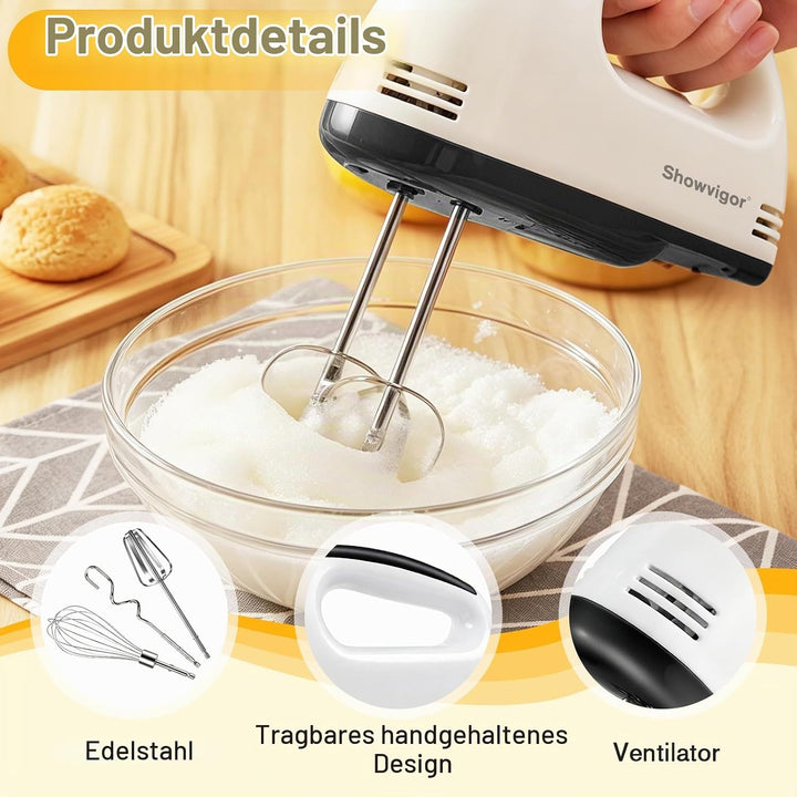 Handmixer Elektrisch 300W mit 7 Geschwindigkeiten, Ergonomischer Griff, Handrührgerät inkl. 2 Rührbe