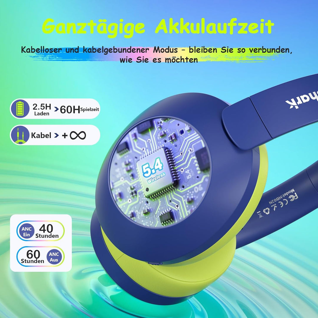 Noise Cancelling Kopfhörer Kinder, Kinderkopfhörer Bluetooth, Bunte RGB LED Leuchte, 60h Spielzeit,