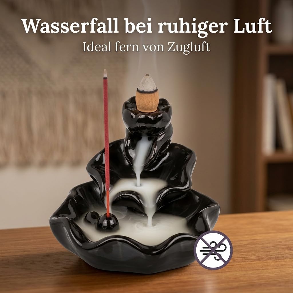 MIJOMA Rückfluss Räucherkegelhalter aus Schwarzer Keramik, Wasserfall-Räucherkegelhalter, Weihrauchb