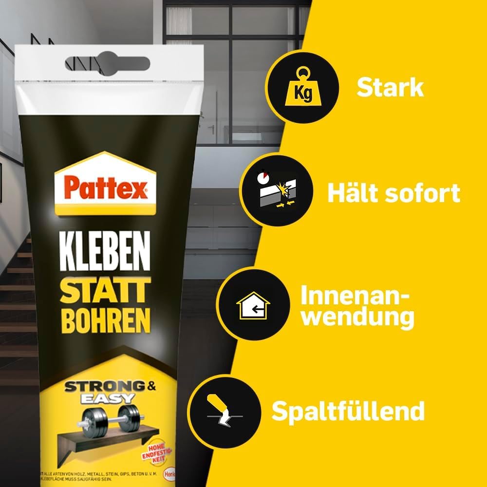 Pattex Montagekleber Kleben statt Bohren, starker Kraftkleber für sofortigen Halt, universell einset