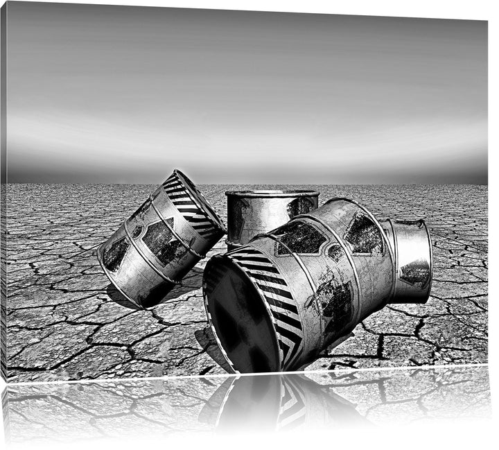 Pixxprint Monocrome, Atommüllfässer in ausgetrockneter Wüste als Leinwandbild | Grösse: 100x70 cm |