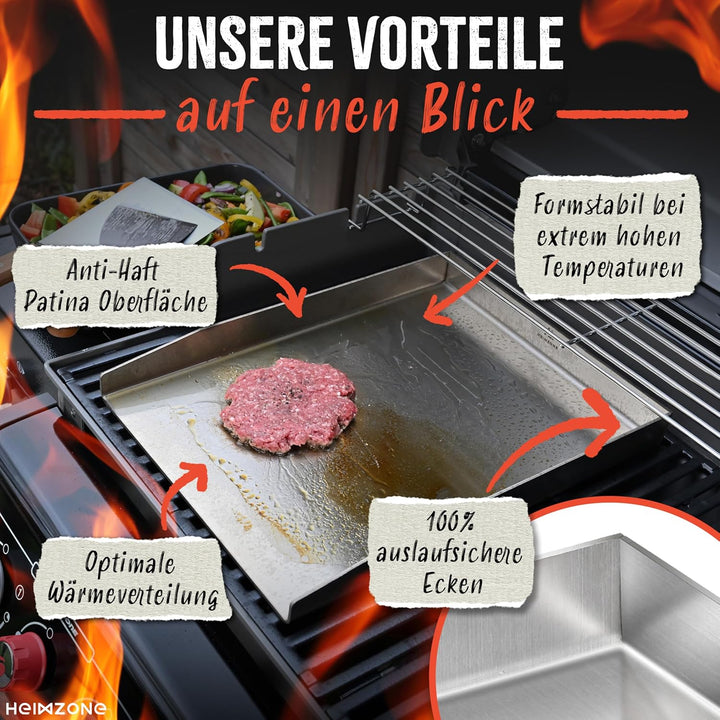 HEIMZONE® Plancha Grillplatte 40x30cm [NEUE VARIANTE 2026] - Edelstahl-Platte mit auslaufsicheren Ec
