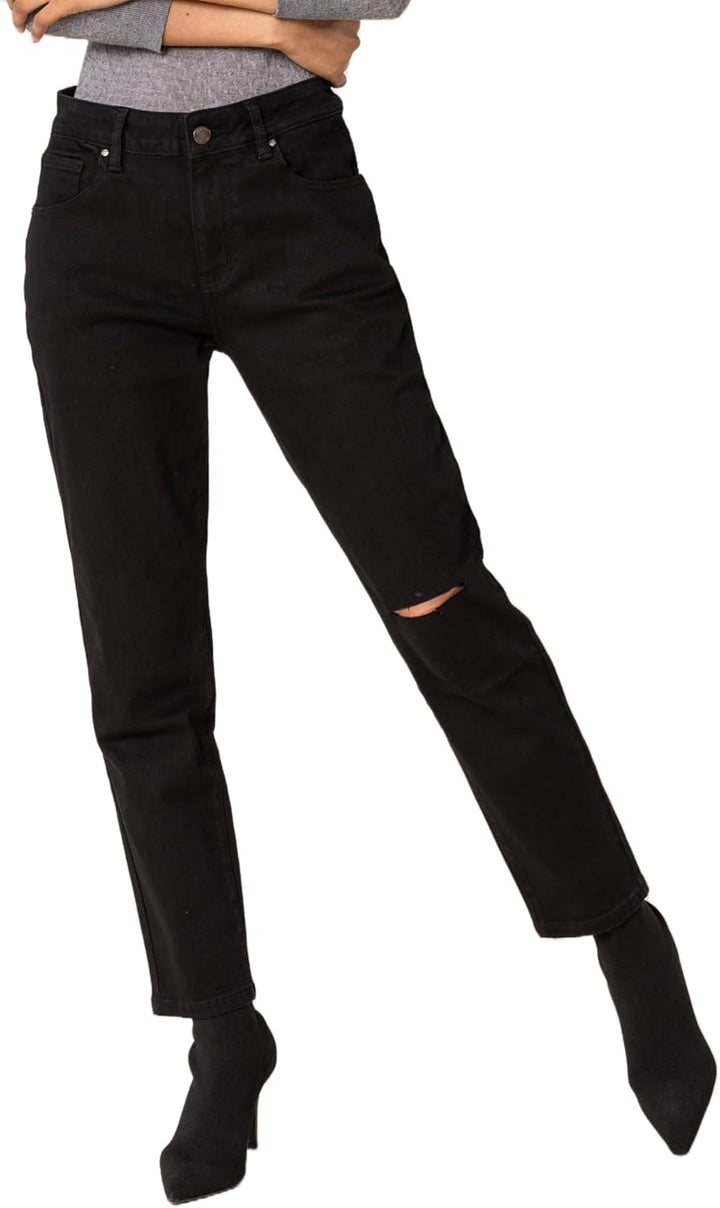 Nina Carter Damen Boyfriend Jeanshosen High Waist MOM Jeans Cutted Knee Used-Look Waschungseffekt XS