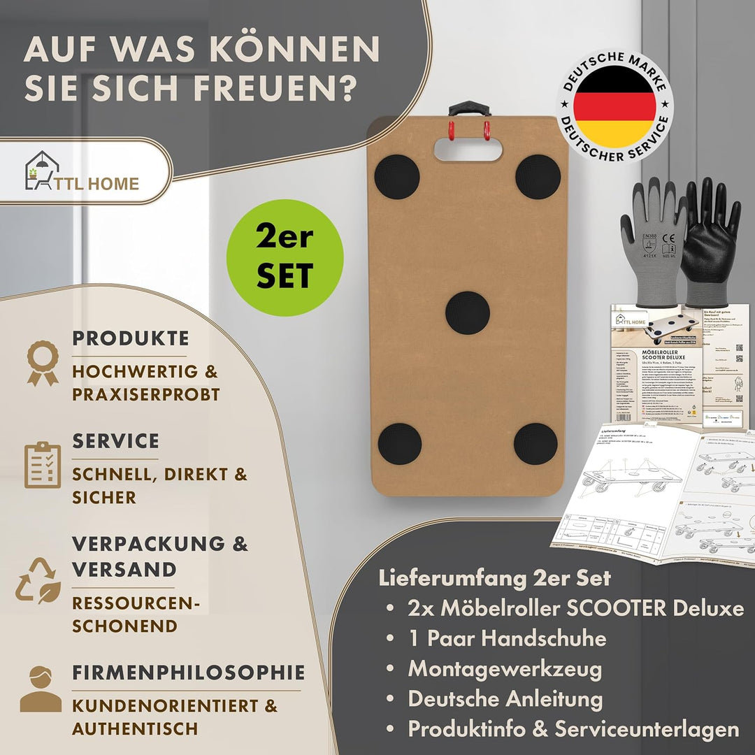 2er Set Möbelroller SCOOTER DELUXE 58x30x11cm - 250kg Traglast lackiertes Rollbrett Transportroller
