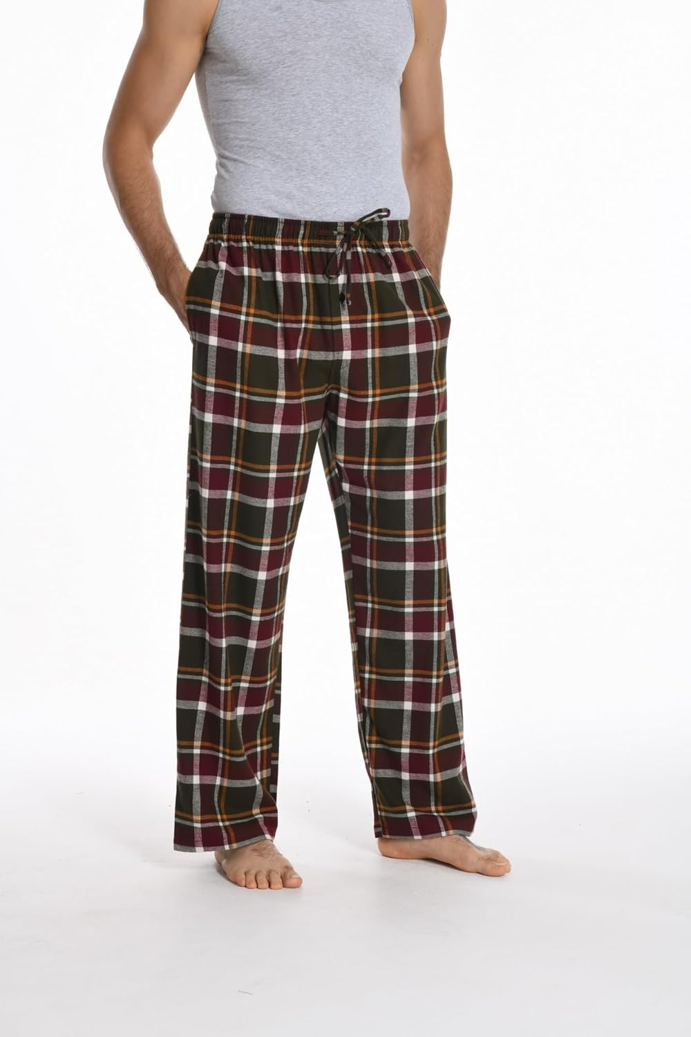 Herren 100% Baumwolle Flanell Bequeme Pyjama/Lounge Bottoms mit Taschen, M Burgundy White Plaid