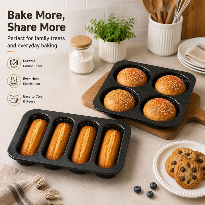 2 Stück Backform für Burger Buns Brötchen Backform Antihaft, Baguette Backblech Klein Brötchenblech