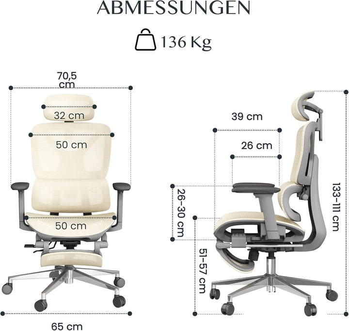 FLEXISPOT ErgoX Ergonomischer Bürostuhl mit Fussstütze Schreibtischstuhl, 3D-Armlehnen, 3D-Kopfstütz